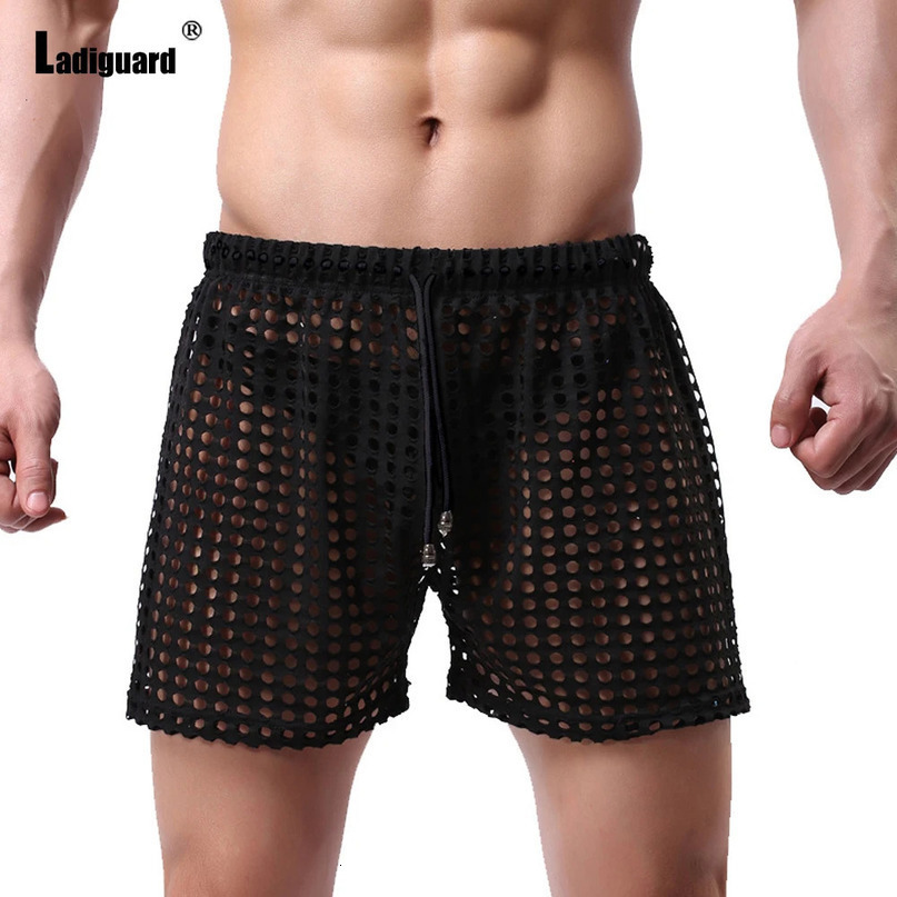 Ladiguard Sexy Men Hollow Out Shorts European Style Casual Beach Short Pants Solid Black Grey Loose Drawstring Half 240412