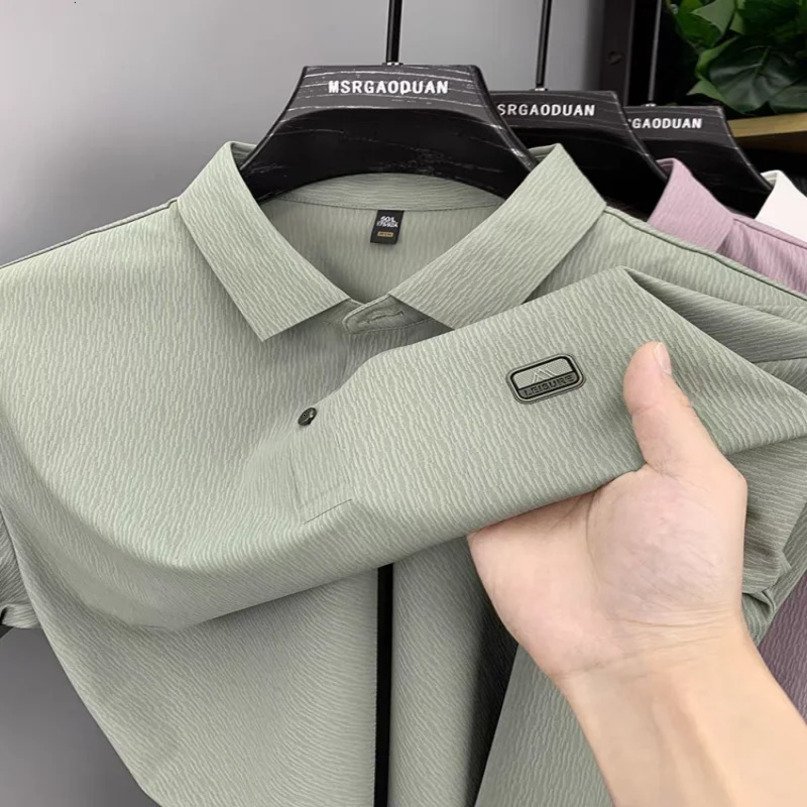 Summer Ice Silk Traceless POLO Shirt Short sleeve High end Men Business Casual Tshirt Fashion Printed Solid Color Wear 240529