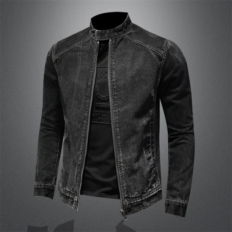 Solid Casual Denim Jackets Men Vintage Washed Motorcycle Cowboy Mens Coats Stand Collar Windbreaker Jeans Jacket Plus Size M-5XL 240408