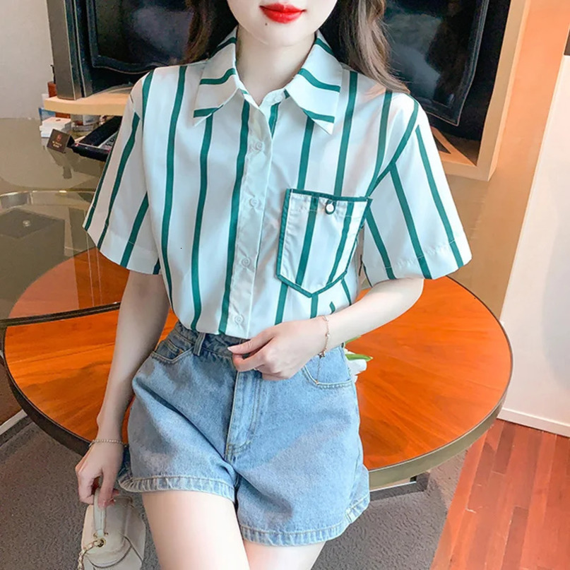 Summer Solid Color Print KPOP Fashion Style Chic Womens Shirt Office Lady Short Sleeve Collar Pocket Striped Top 240328