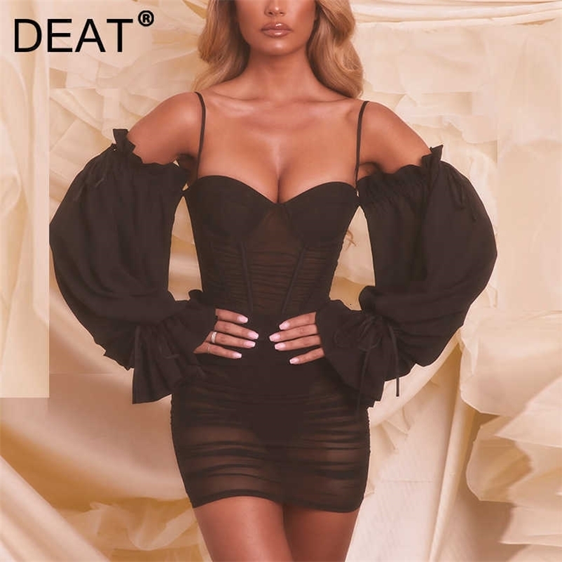 DEAT Women Sexy Pleated Slash Neck Buttocks Dress Solid Color High Waist Slim Fashion Spring Summer 11B451 210709