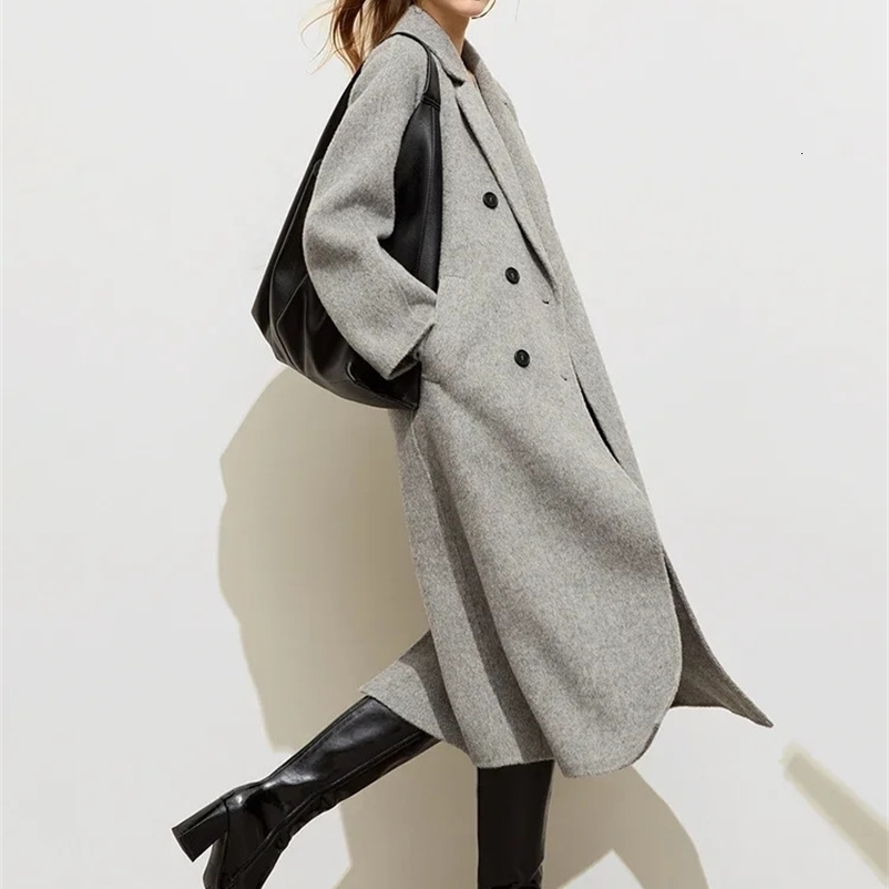 AMII Minimalist Blazer Collar Woolen Coat for Women Winter Long Loose Alpaca Fleece Vintage Quality Outerwear 12324041 240911