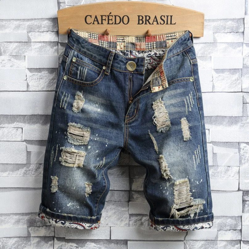 Mens Hole Denim Shorts Summer Fashion Casual Slim Fit Ripped Retro Short Jeans Male 250520