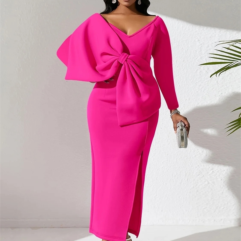Plus Size Autumn And Winter Long Sleeved Deep V-Neck Bow High Waist Wrapped Hip Fashionable And Elegant Party Long Dress 240823