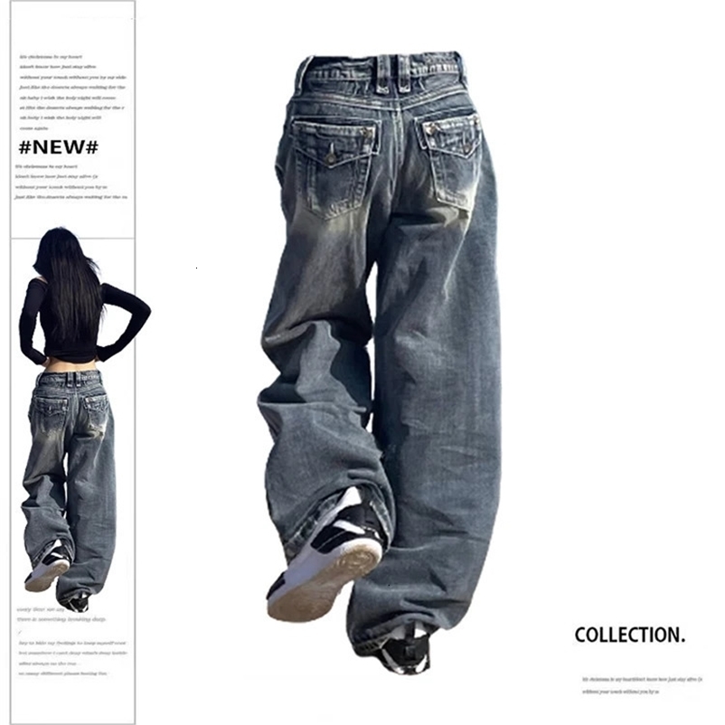 Womens retro bagged blue jeans high waisted jeans Trousers Korean 2000s Y2k Harajuku 90s aesthetic oversized pants garbage clothing 250422