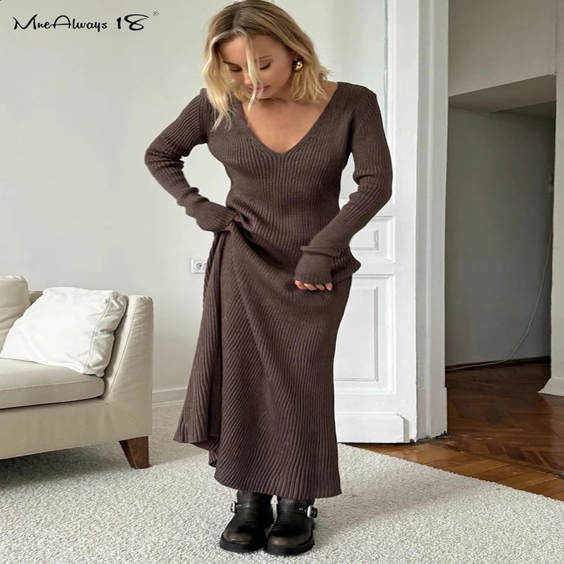 Mnealways18 V-neck Elegant Womens Ribbon Knitted Dress Autumn Winter Long Sleeve Ankle Length Office Womens Dress Body 241205