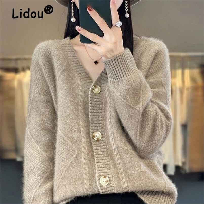 Autumn Winter Korean Fashion Solid Soft Single Breasted Knitted Cardigan Female Casual V Neck Long Sleeve Loose Sweater Coat 240830