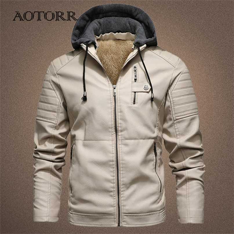 Men's Motorcycle Jacket Hooded Autumn Winter Faux PU Leather Jackets Men Casual Solid Biker Coat Zipper Fleece Coats 211222