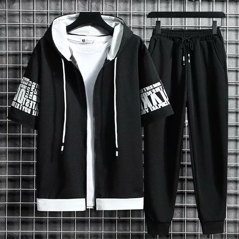 Set for Men Summer Mens Sports Suit 2-piece Print T-shirt Casual Hooded Quick Dry Running Long Pant Clothes Short Sleeve Shorts 241217