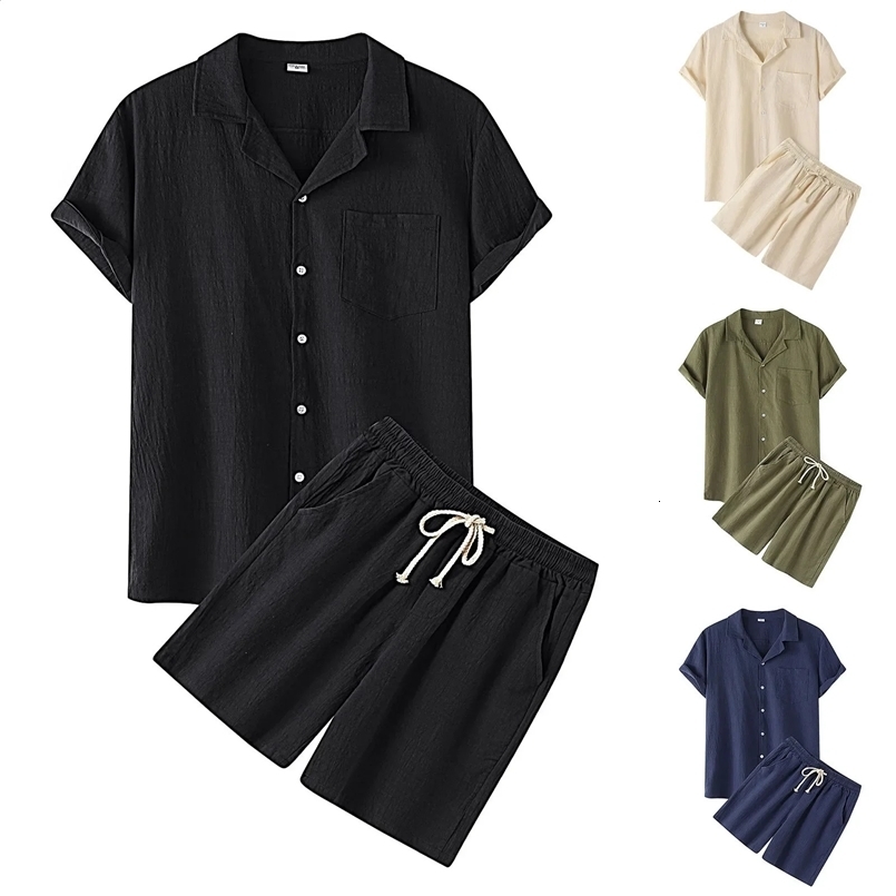 Cotton Linen Men Outfit Set Summer Casual Loose Single Breasted Mens Shirt Shorts 2 Pcs Sets Solid Beach Wear Short Sleeve Suit 240729