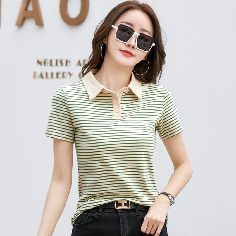 Korean Style Short Sleeve Polo Shirt Women Cotton Stretch Fashion Summer Tops Elegant Knitted Striped Tshirt For 240328