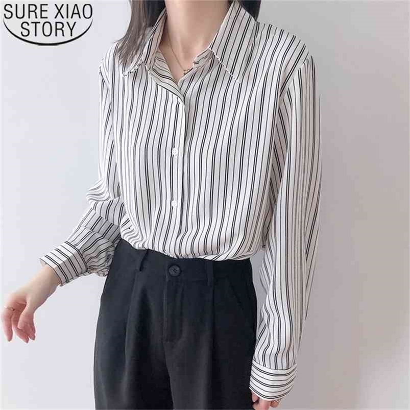 Women Long Sleeve Shirt Spring Office Lady Striped Shirts Ladies Tops Loose Blosues Clothes Plus Size Blouses Blusas 12695 210506