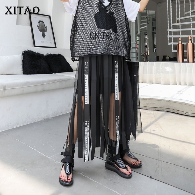 XITAO Mesh Hollow Out Print Letter Long Skirt Women Tape Elastic Waist Black Casual A-line Summer New Korea WLD1084 210303