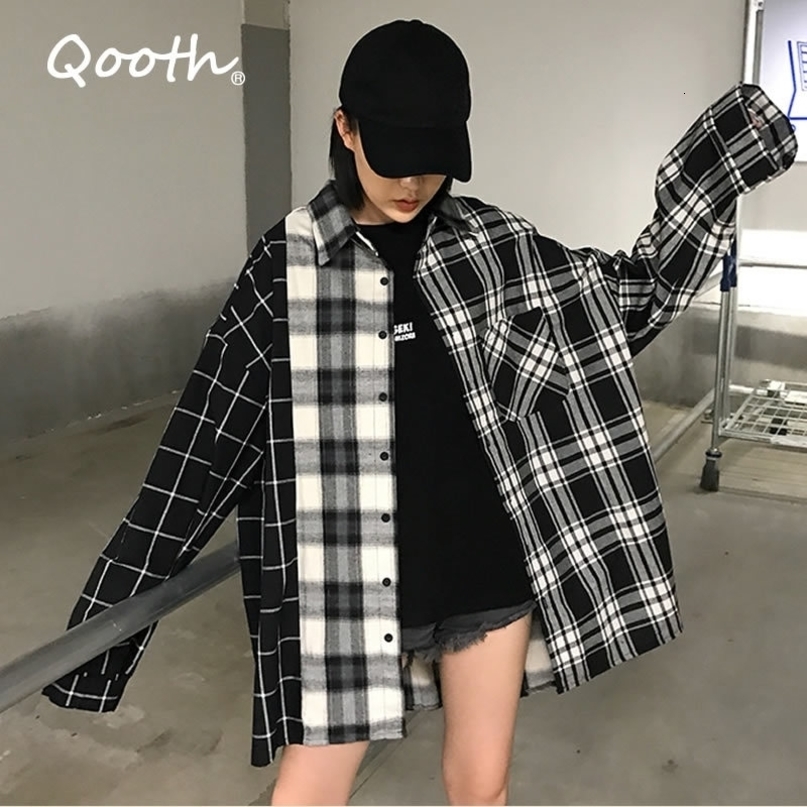 Qooth Women's Loose Plaid Blouse Spring Long Sleeve Student Check Blouses Casual Vintage Lady Tops Shirt Black Tops QH2220 201028