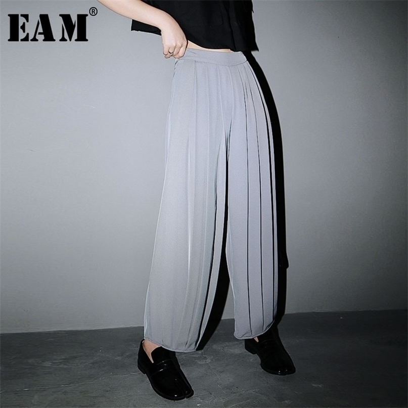 EAM High Waist Gray Brief Wide Leg Pleated Long Trousers New Loose Fit Pant Fashion Spring Autumn 1W949 201012