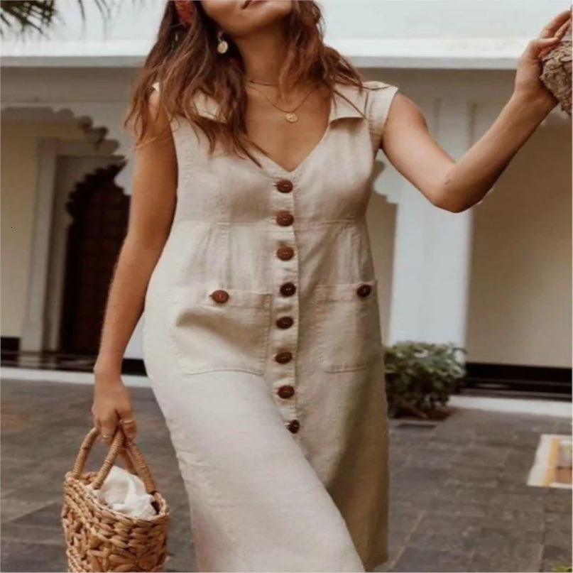 Dresses For Women Sleeveless Solid Color Buttons Fashion Vintage Loose Dress Vestidos Feminino Summer Elegant Office 240415