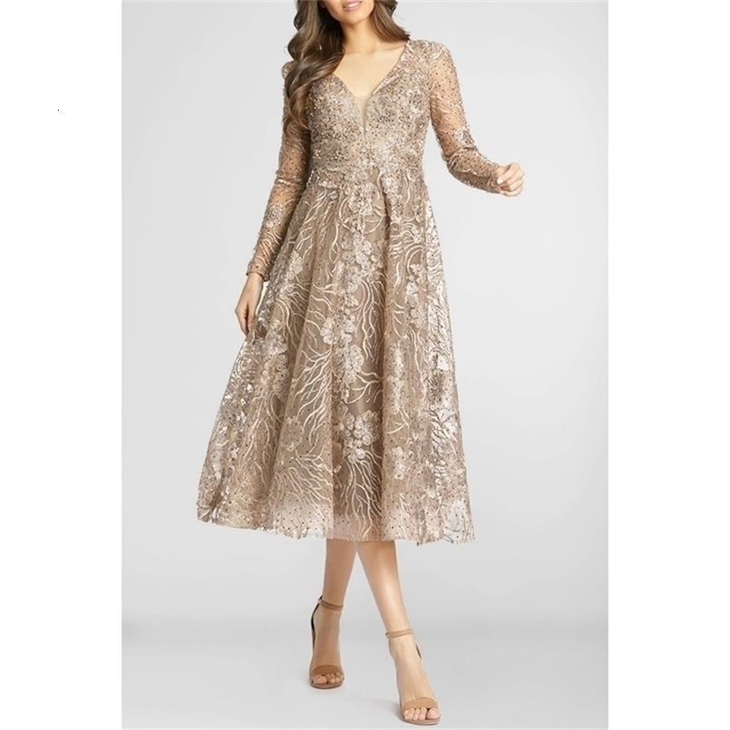 Plus Size Mother Of The Bride Champagne Lace Floral Double Layer Tunic Tea-Length V Neck Long Sleeve Dress 240810
