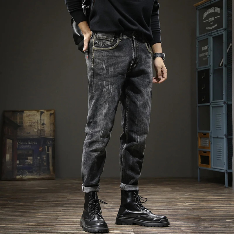 Spring and autumn American retro heavy wash jeans mens pure cotton Korean trend slim straight leg casual small feet pants 240523