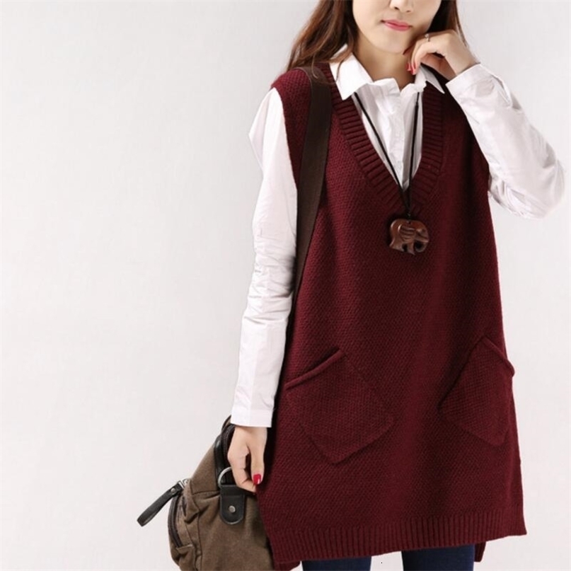 Women Sweater Spring Autumn New Korean Women's V-neck Knit Long A-shaped Pocket Vest Pullover Sleeveless 201023