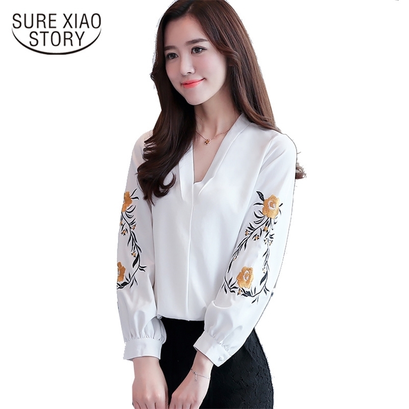 autumn women's blouse big size Korean version Lantern Sleeve embroidered shirt Long Chiffon Blouse 608A 30 210506