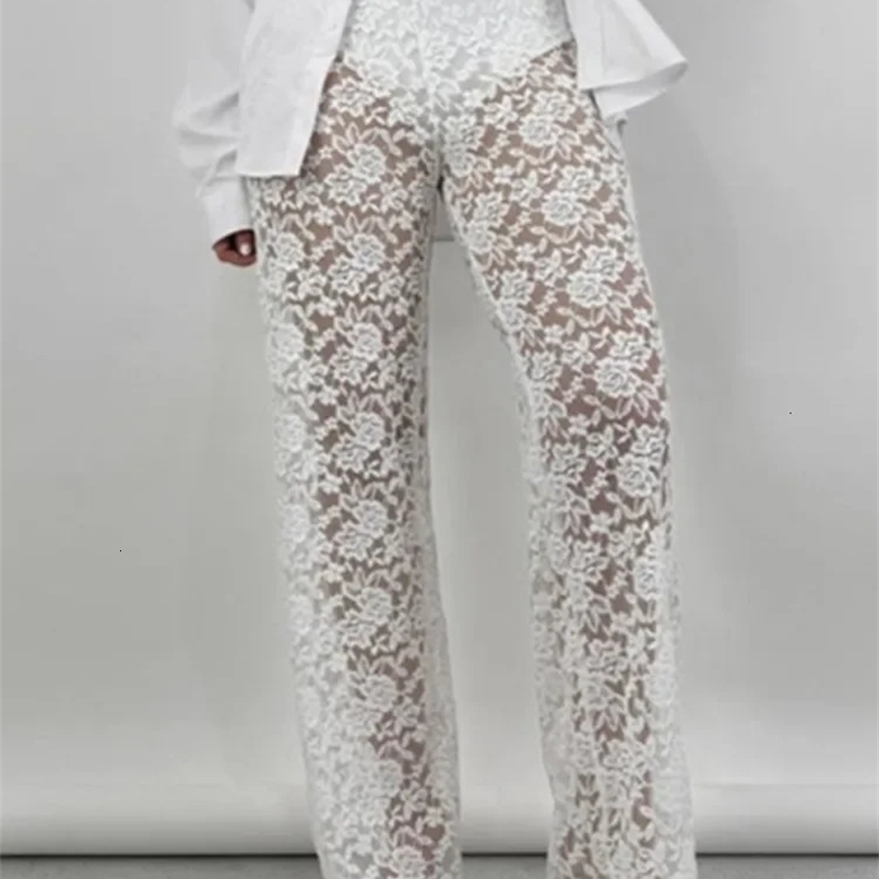 Sexy Women Sheer Lace Pants Spring Summer Transparent Gothic High Waist Wide Leg Flare Pants Lady Trousers Club Streetwear 250515