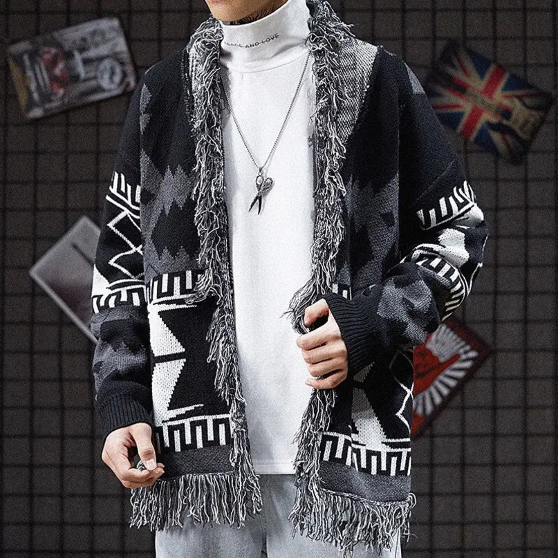 Autumn and Winter Knitted Cardigan Men Tassel Retro Lazy Sweater Male Loose Mens Thin Coat Man 240123