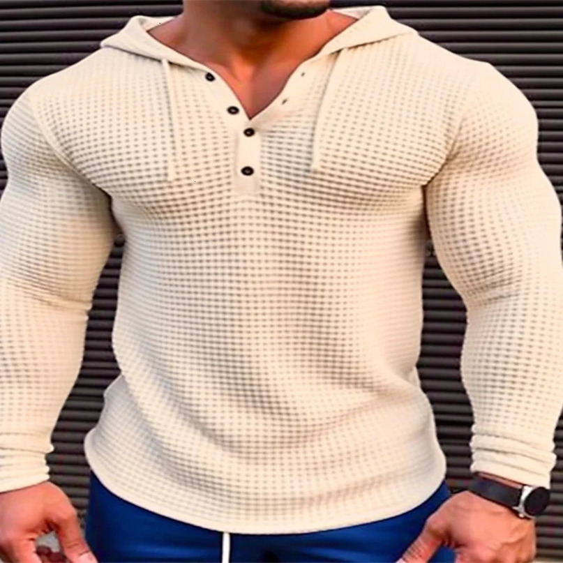 Spring Solid Color Slim Fit Long Sleeved Tshirt Mens Hooded Breathable Sports Top Waffle Cotton Casual Shirt 240617