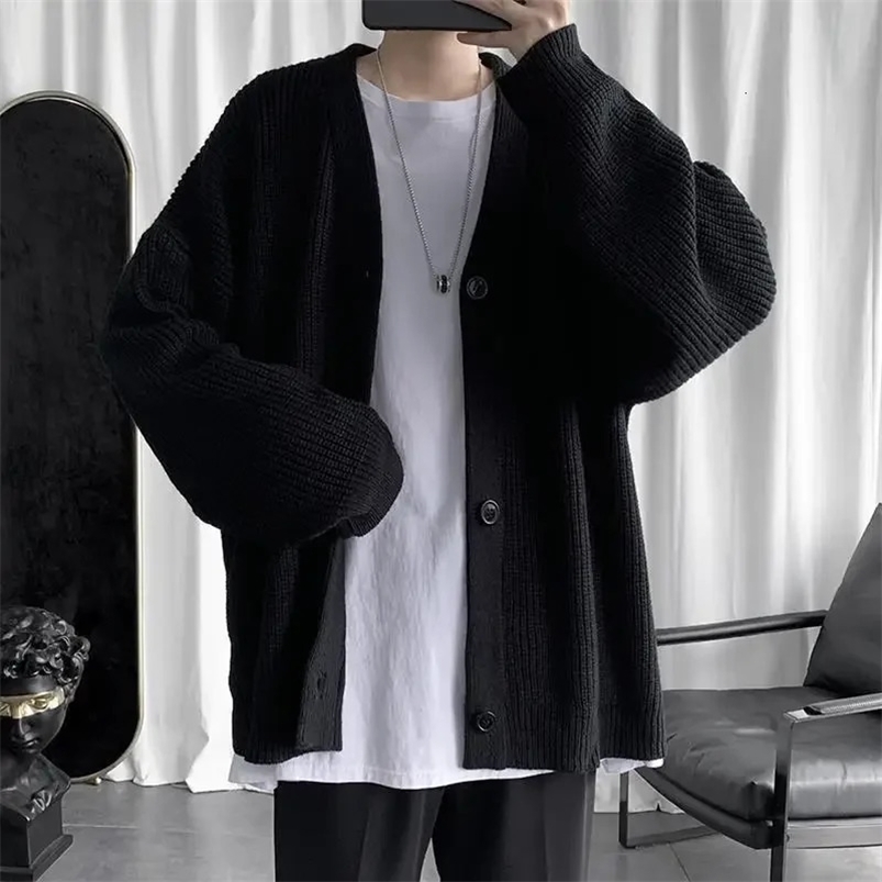 Mens black V-neck cardigan wool sweater mens knitted sweater Y2k streetwear Spring and Autumn ugly plus size 90s retro wool fun top 241125