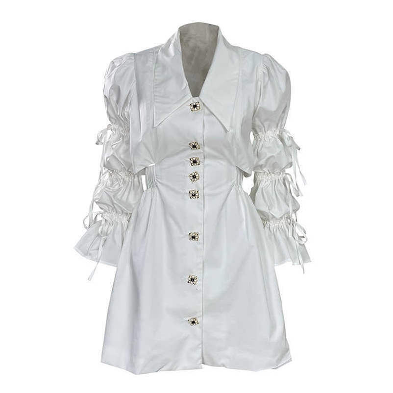 DEAT Women Temperament Corset Puff Sleeve Shirt Dress Solid Single Breasted Slim Fashion Spring Summer 11B113 210709
