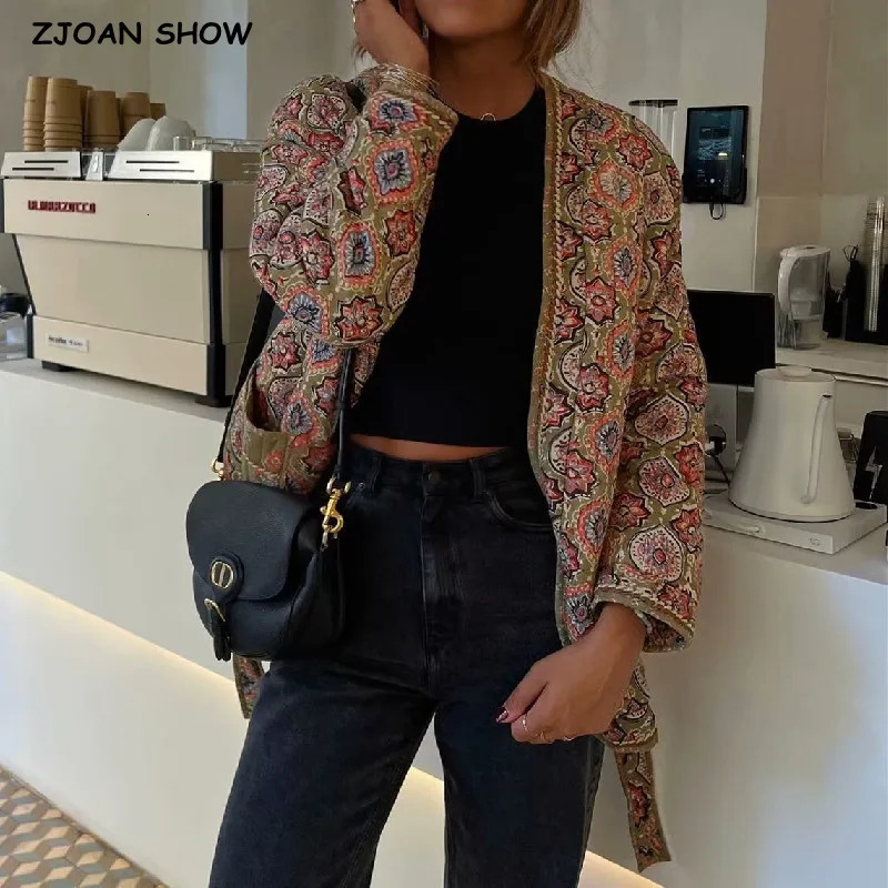 Winter Green Flower Print V neck Quilted Jacket Ethnic Women Tie Bow Sashes Quilting Full Sleeve Coat BOHO Midi Outerwear 250917Z