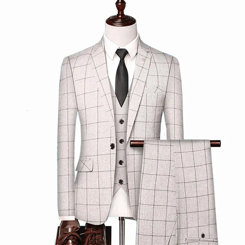 British Style Men Plaid Vest Blazer Pants 3 Pieces Set Male Fashion High End Slim Wedding Banquet Business Suit Jacket Coat 240412