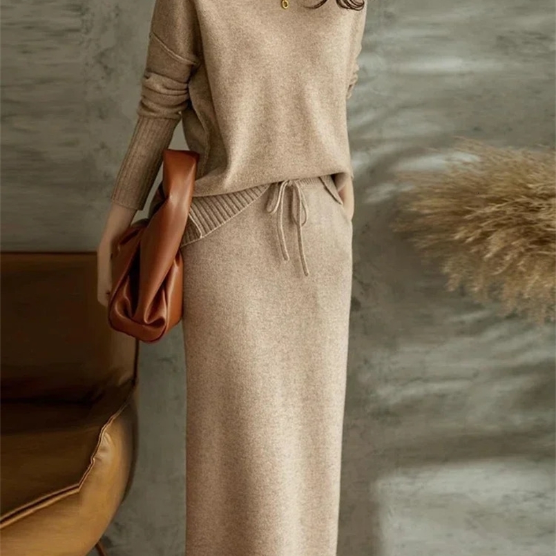 Korean Fashion Two Piece Sets Womens Outifits Solid Knitted Sweater Dress Sets Loose Pullover Sweater Skirt Sets Womens Clothing 240930