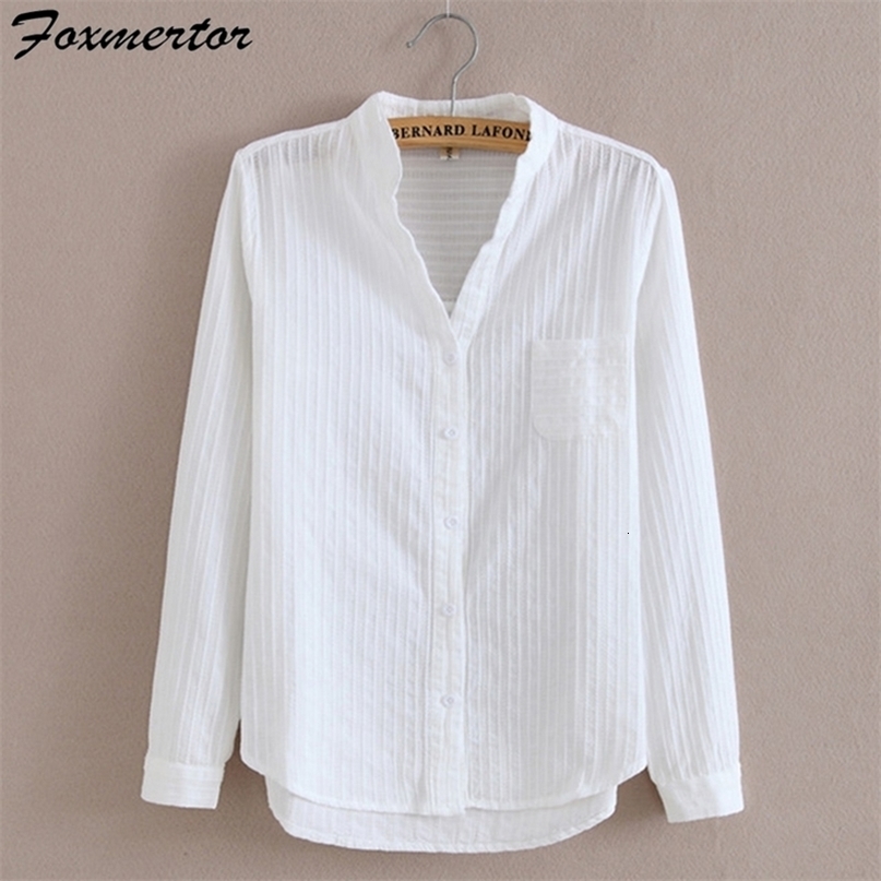 Women's Blouses Shirts Foxmertor 100% Cotton Shirt White Blouse Spring Autumn Blouses Shirts Women Long Sleeve Casual Tops Solid Pocket Blusas
