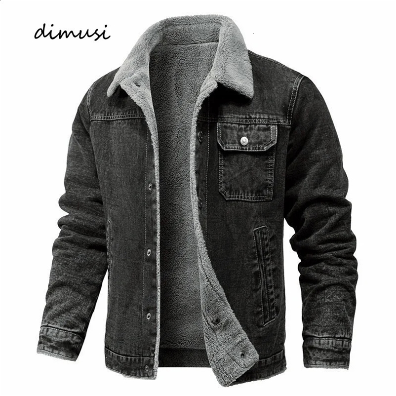 DIMUSI mens winter jacket fashionable mens lapel Sherpa wool lining thick denim jeans truck jacket mens jeans jacket clothing 5XL 241007