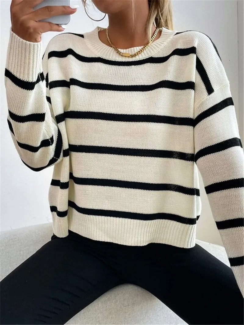 Womens autumn loose round neck striped knitted pullover sweater 250922