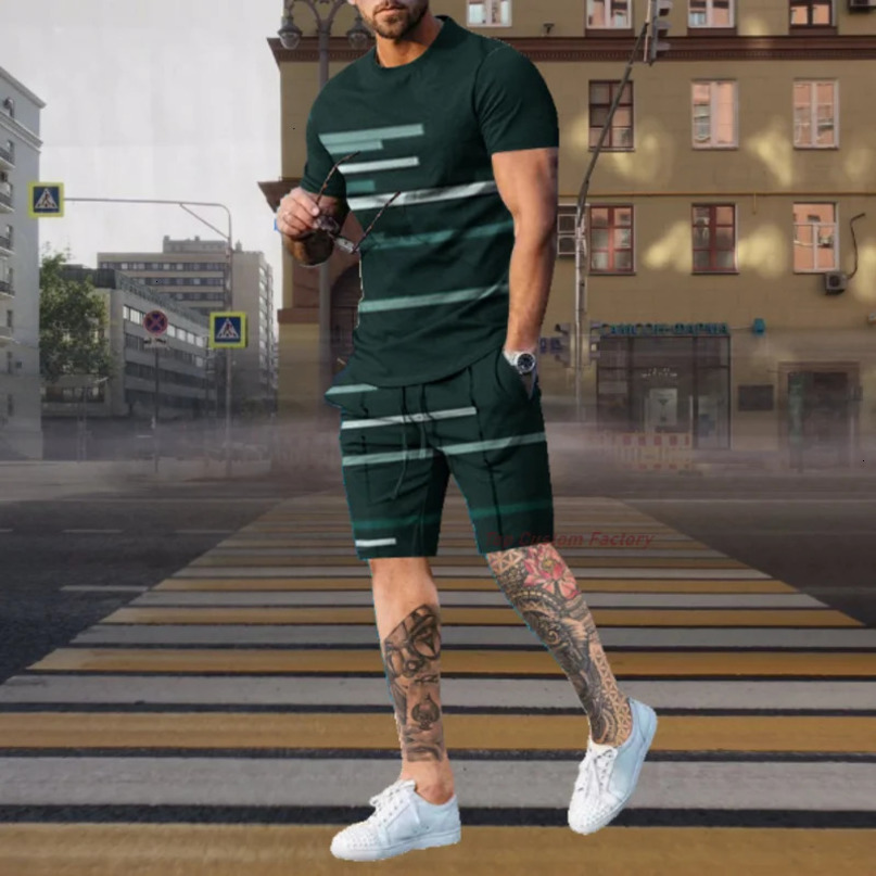 Mens Tracksuit 2 Piece Set Summer Stripe Sport Hawaiian Suit Short Sleeve T Shirt And Shorts Casual Fashion Man Clothing 240409
