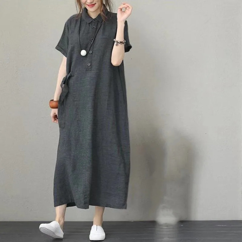 Button Summer Cotton Linen Womens Dress Elegant Long Shirt White Casual Female Simple Pure Color Beach S5X 240415