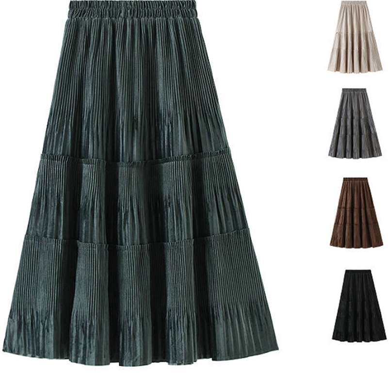 Casual Dresses Solid Color Female Vintage Long Velvet Pleated Skirt Women Autumn Winter Elegant Fashion Ladies High Waist A line Skirt B8201X 230222