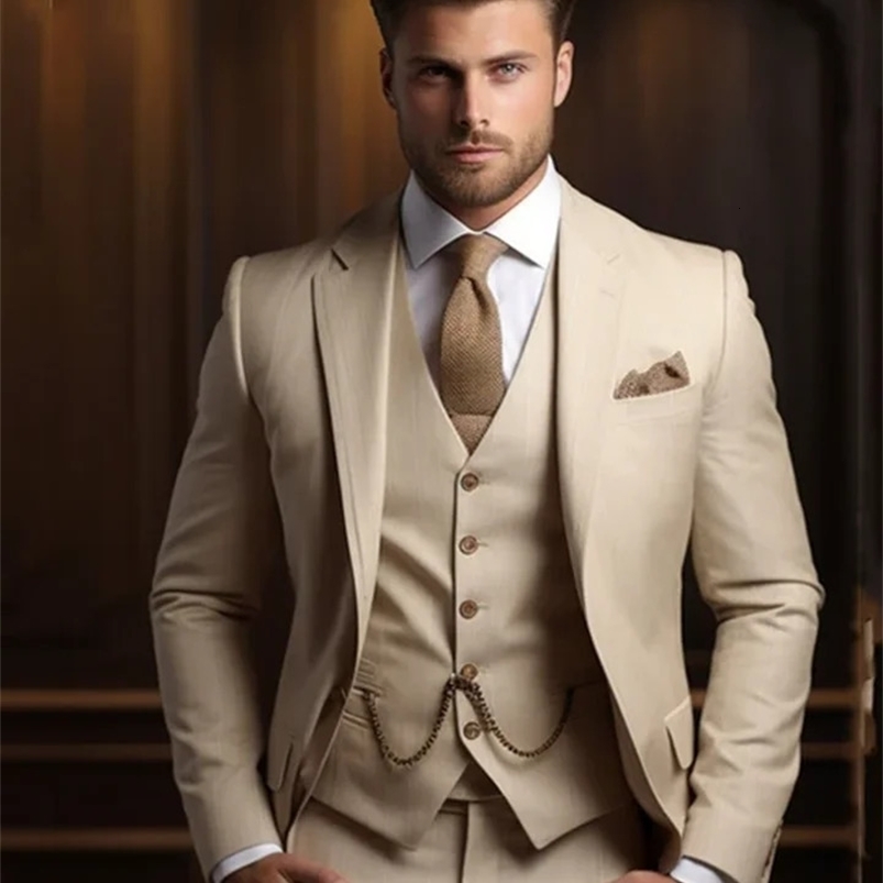 3-piece fashionable beige suit mens formal party business jacket shawl lapel wedding groom evening dress jacket vest pants clothing mens 250224