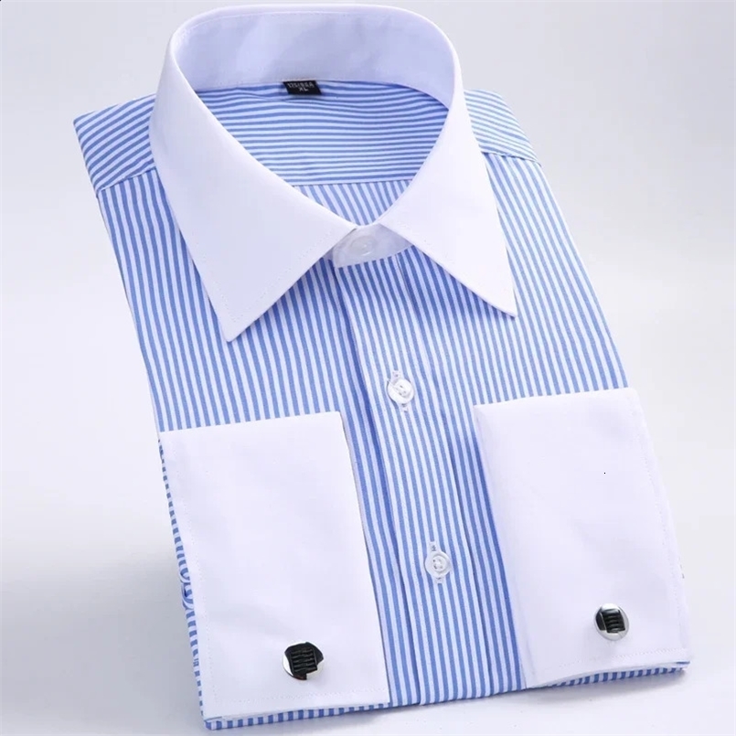 Mens Classic French Cuffs Striped Dress Shirt Single Patch Pocket Cufflink Included Long Sleeve Wedding Shirts 240801