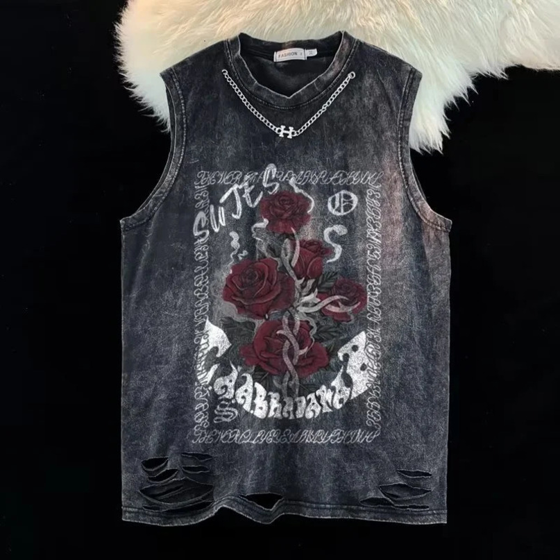 Summer Man Gothic Vest Old Washed Rose Print Sweat Tank Top Mens And Womens Ins Fashion Hip Hop Sleeveless Tshirt 240408