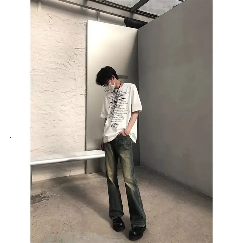 Vintage Distressed Jeans Men Womens American Style Casual High Street Trendy Yellow Mud Wash Streetwear Fashion 240829