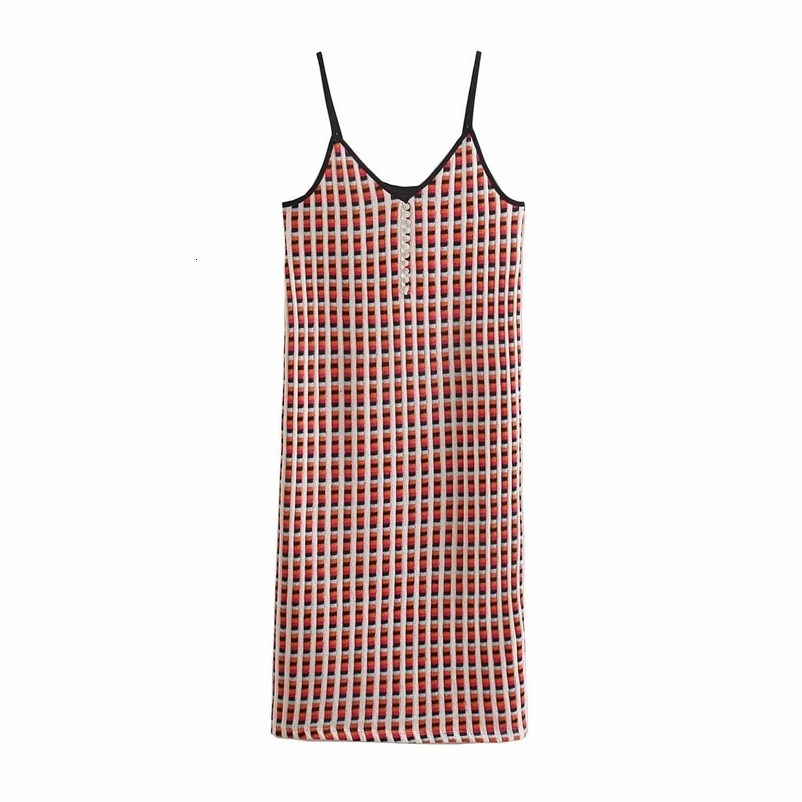 Women Checked Jacquard Dress Thin Straps Midi dress Chic Lady elegant Fashion Vintage Casual Woman Dresses 210709