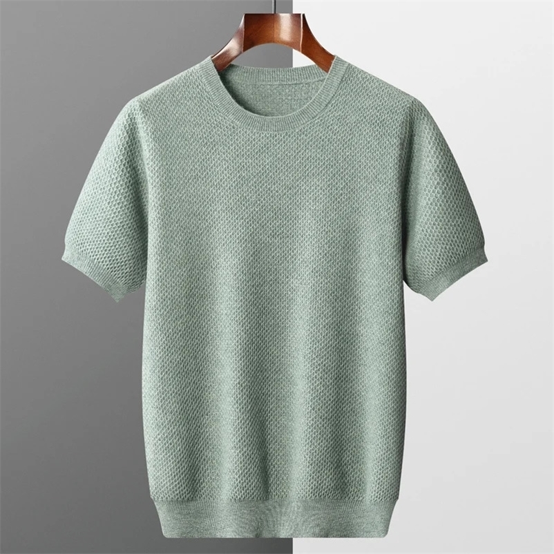 Mens short sleeved T-shirt sweater 100% pure wool sweater spring and summer style casual fashion solid color trendy top 241112