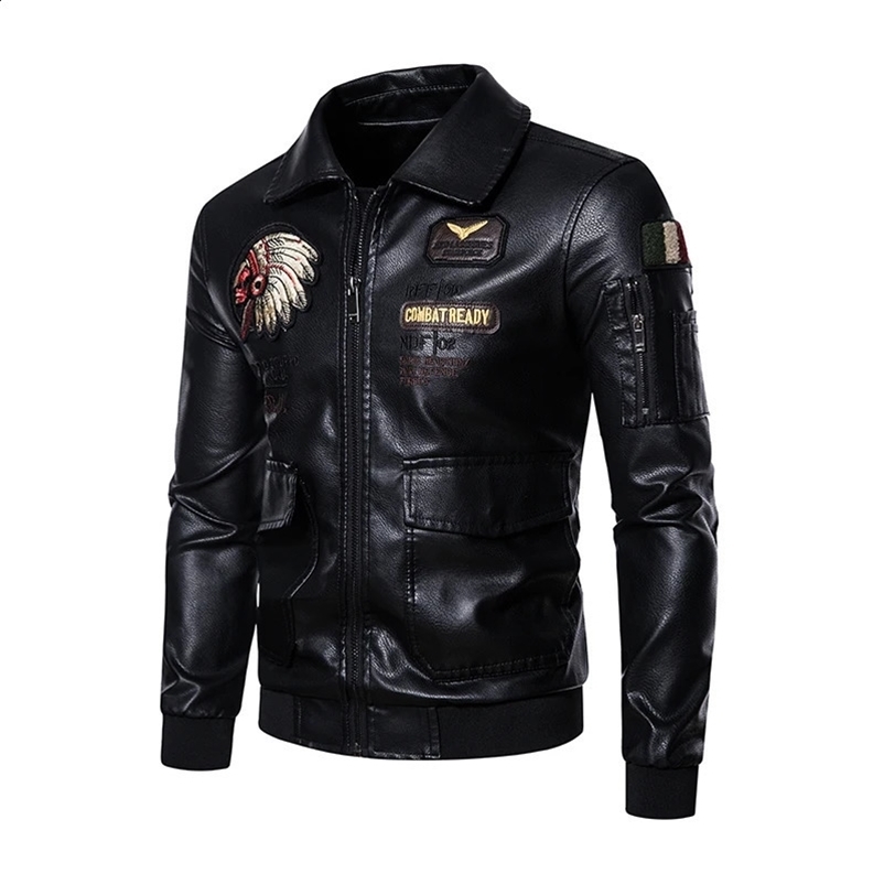Embroidered leather jacket mens genuine leather Autumn and Winter Plush collar PU leather waterproof motorcycle jacket 240927