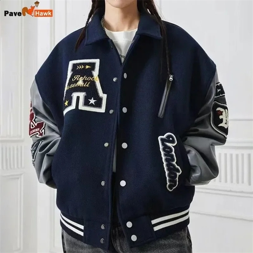 American letter embroidered bomber jacket mens autumn and winter leather sleeve patch work jacket unisex college baseball jacket 240910