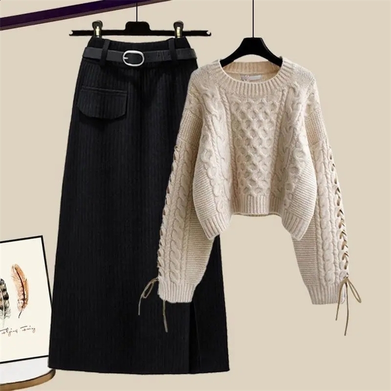 Fashion Autumn Winter Set Womens Korean Age Reducing Knitted Sweater Skirt Two Piece Set 240829