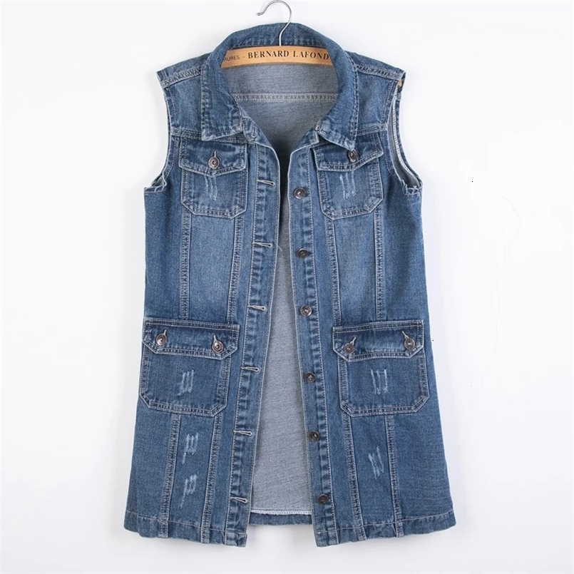 S-6XL Womens Denim Vest Spring Autumn Single Breasted Pockets Mid-Lengrh Jacket Female Sleeveless Jean Outerwear 250122