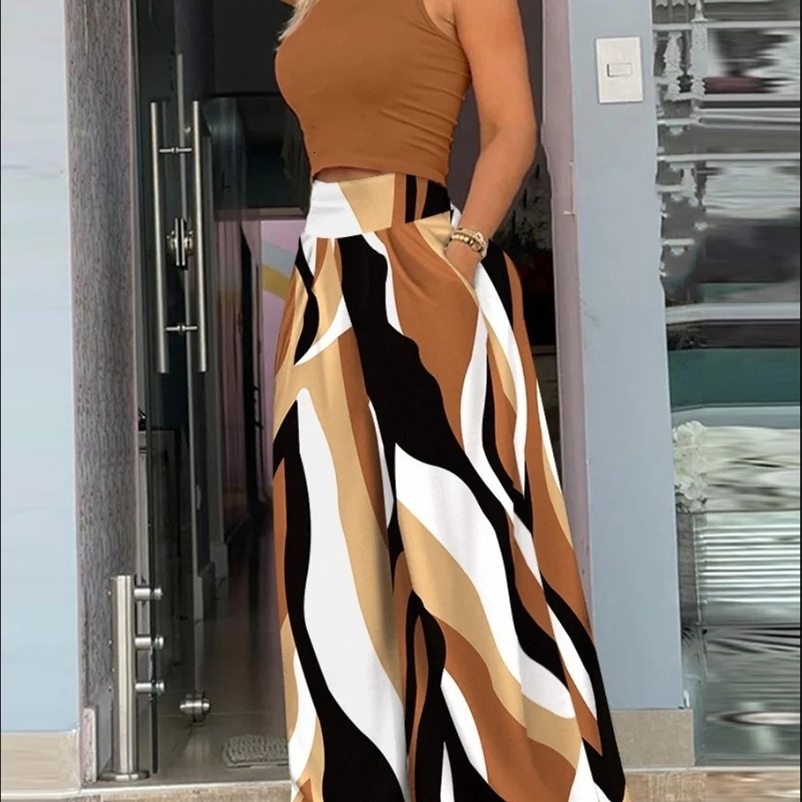 Womens 2-piece Set Elegant Fashion Sleeveless Slim Crop Top High Waist Casual Print Pant Sets 2 Pieces of Womens Clothing 250118