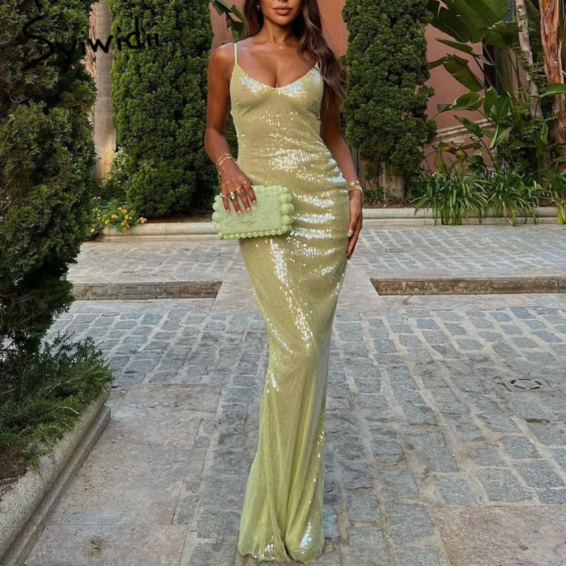 Womens Elegant Bodycon Dress V Neck Spaghetti Strap Backless Slit Sequins Shiny Party Club Evening Fashion 240615